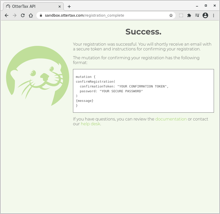 Screenshot: registration success