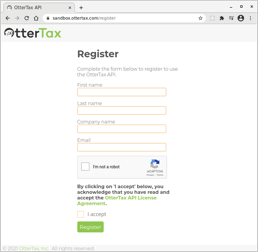 Screenshot: The OtterTax registration page